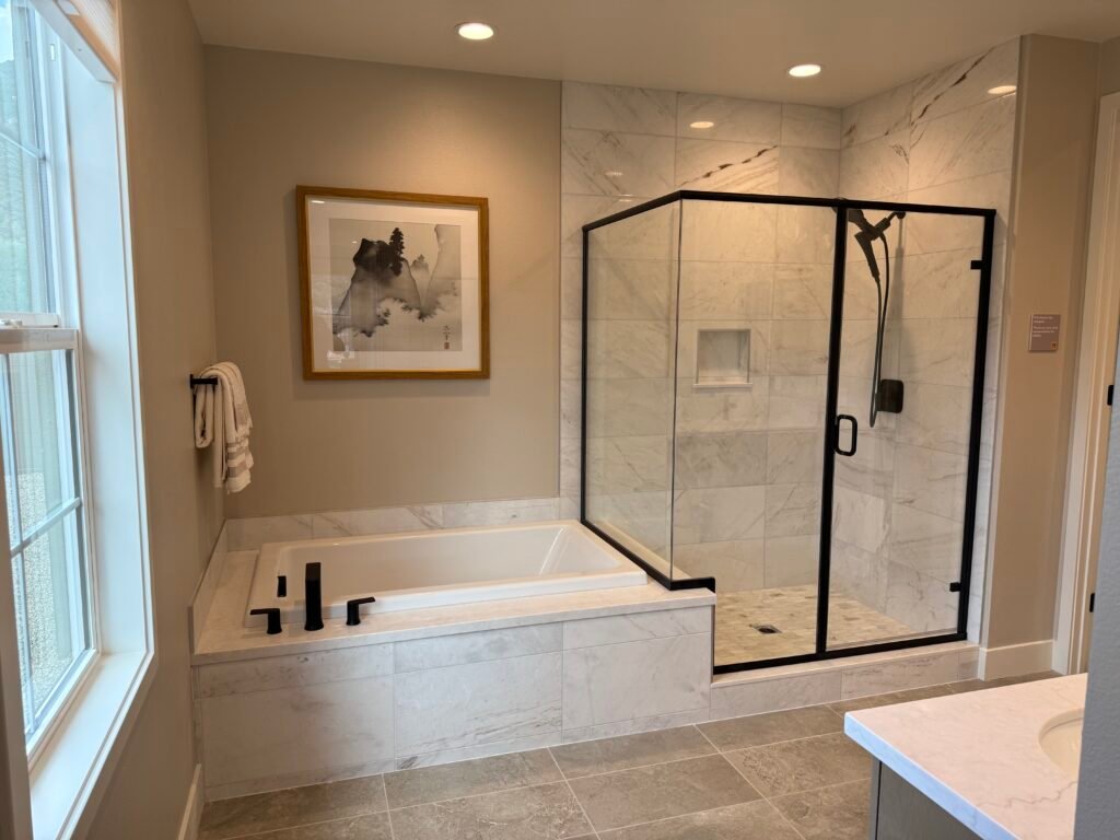 Walk in shower and soaking tub. Beautiful glass walls and door metal edging for tile. Rancho Bernardo Poway Scripps Ranch Rancho Santa Fe Fairbanks Ranch