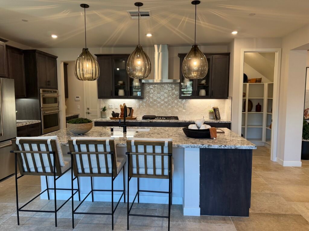 Kitchen remodel with island quartz countertop seating area glass doors. Rancho Bernardo Poway Scripps Ranch Rancho Santa Fe Fairbanks Ranch