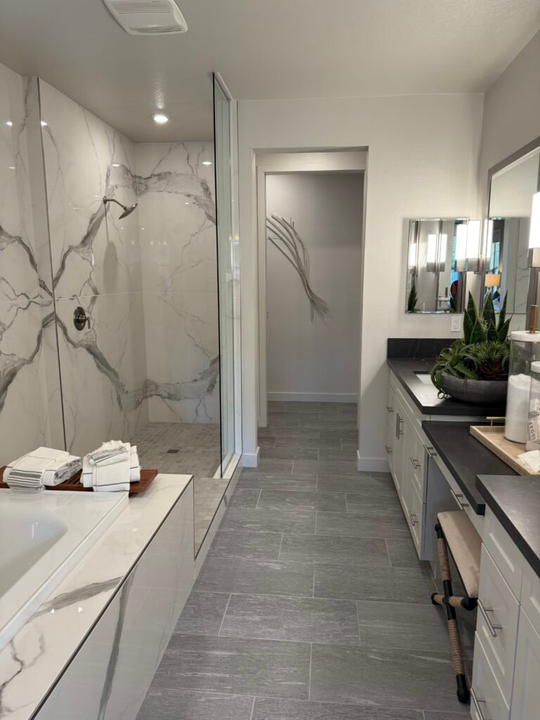 Bathroom renovation with walk in shower with soaking tub double sink vanity with seating area and separate toilet room Poway Scripps Ranch Rancho Bernardo Rancho Santa Fe Fairbanks Ranch