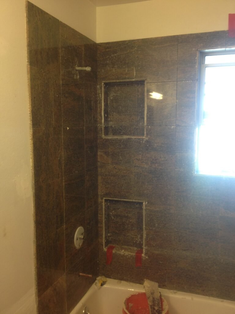 Marble tile shower surround with 2 niches. matching grout lines. Installed on Hardibacker. built to last. Poway Rancho Bernardo Scripps Ranch Rancho Santa Fe Fairbanks Ranch